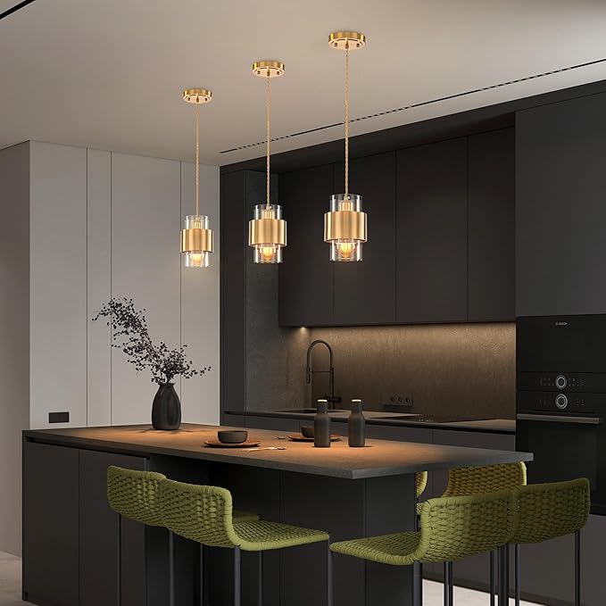Modern Pendant Lighting, Gold Pendant Light Fixtures Ceiling Light for Kitchen Island Hallway Porch Corridor Bedroom with Clear Glass Shade, 1 Light