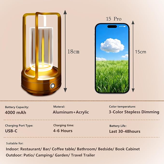 Set of 2 Cordless Table Lamps, LED Rechargeable Table Lamp with 3 Color Stepless Dimmable, Outdoor Table lamp for Patio/ Camping, Indoord Desk Lamp for Bar/ Coffee/ Home (Gold 2 Pcs)