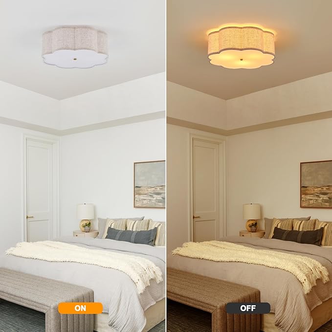 18" Modern Flush Mount Ceiling Light, 3-Light Large Gold Ceiling Fixture with Beige Linen Drum Shade, Flower Design Ceiling Lamp for Dining Room, Bedroom, Nursery, Entryway