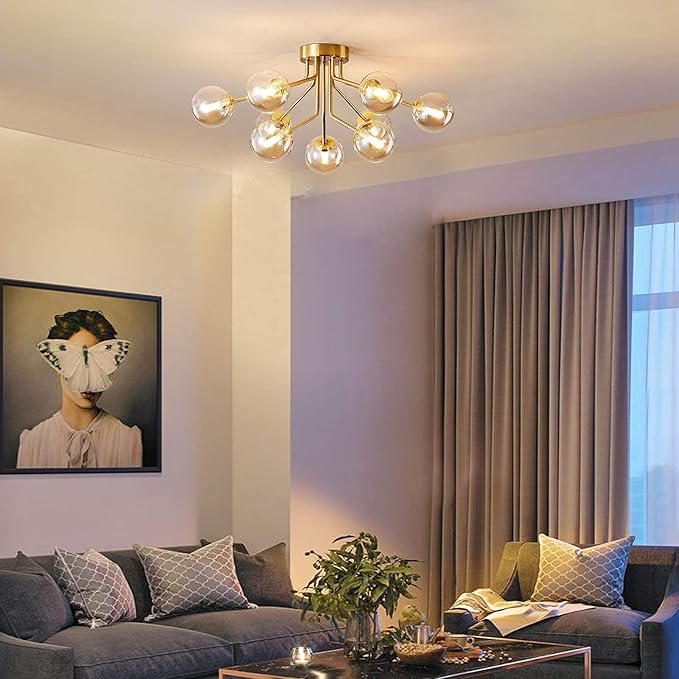 Mid Century Gold Modern Sputnik Chandeliers 9 Light Semi Flush Mount Ceiling Light Fixture Pendant Lamps Bulbs with Glass Globe Lighting for Bedroom Kitchen Dining Room Office