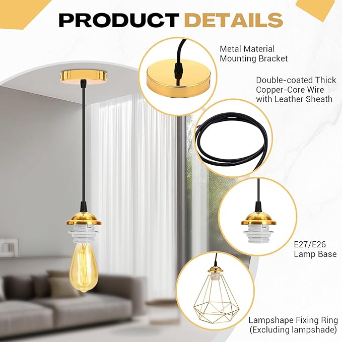 12 Pack Industrial Mini Pendant Light Kit Bulk, UL E26/E27 Lamp Socket 3.28 ft Adjustable Hanging Light Cord Kit Edison Vintage Retro Ceiling Lamp Fixture for Kitchen Bar Decor(Gold)