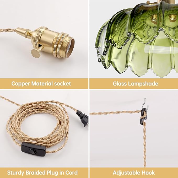 Shenmoyl Plug in Pendant Light Hanging Light Fixtures with Plugin Cord On/Off Switch,Green Scindapsus Glass Lampshade Brass Pendant Light