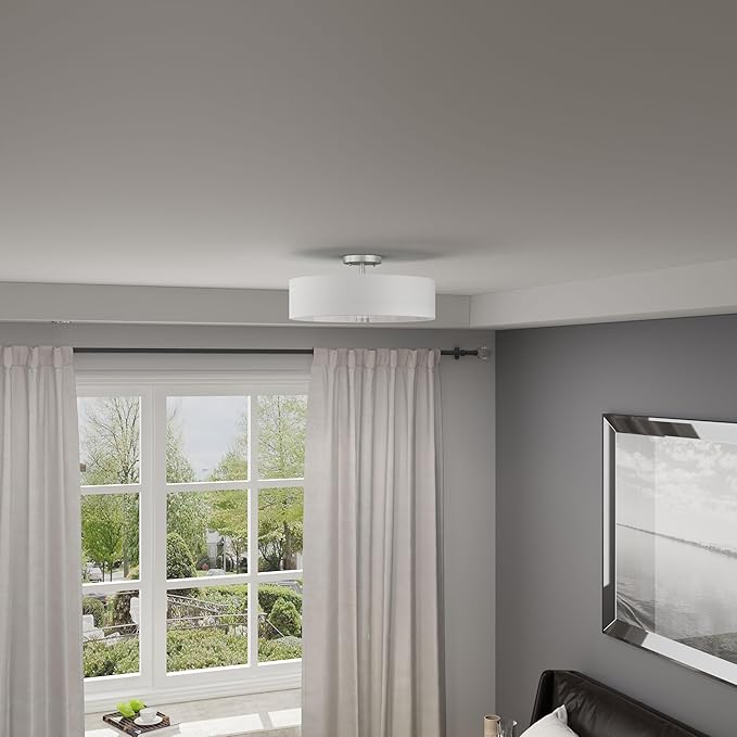 Livex Lighting 51055-91 Meridian Collection 4-Light Semi Flush Mount Ceiling Fixture with Off-White Fabric Hardback Drum Shade, Brushed Nickel