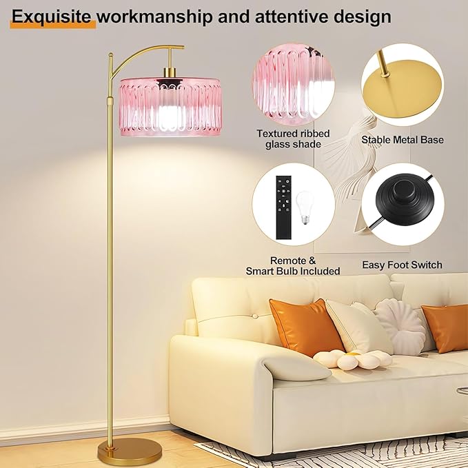 QIYIZM Pink Floor Lamp for Living Room,Bedroom,Gold Dimmable Standing Lamp with Remote,Mid Century Modern Brass Tall Lamp Boho Floor Lamps Arc Stained Glass Flower Floor Light Lamp Girls kids Bohemian