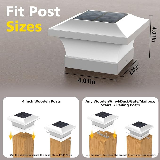 T-SUN Solar Post Cap Lights, Waterproof Outdoor Solar Powered Deck Fence Post Lights for 4 X 4 Wooden/Vinyl Posts, 6000K Cool White Lighting Decor for Deck, Patio, Garden, Porch, Fence(White - 2 Pack)