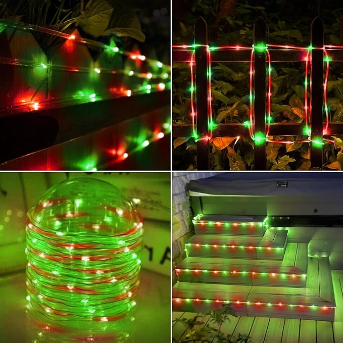 Solar Rope Lights, 2 Packs Total 132ft 400LED Solar String Lights, 8 Modes Waterproof Solar Outdoor Light, Flexible Clear Trampoline Light for Garden Backyard Patio Deck Pool Tree Decor - Red & Green