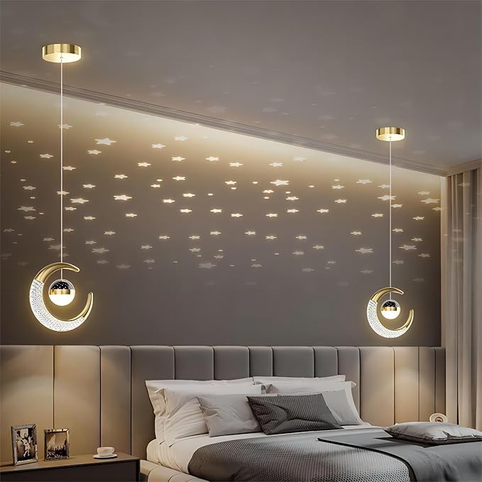 7.9 Inch Moon Shaped Star Bedside Chandelier, Acrylic Pendant Light, Modern LED Chandelier for Bedroom, Living Room - 2 Piece Set, Gold Warm Light
