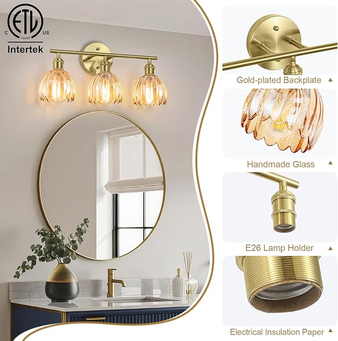 Vintage Bathroom Light Fixtures,3-Light Hardwired Vanity Lights with Amber Tulip Glass Shade,Gold Bathroom Vanity Light for Mirror Restroom,E26 Socket,18.5 in(Bulbs Not Included)