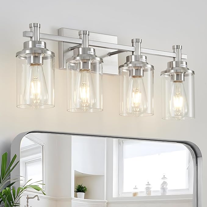 Brushed Nickel 4-Light Bathroom Vanity Light Fixtures Over Mirror, Modern Wall Sconce with Clear Glass Shade for Hallway, 23.6"x7.0"x9.4"