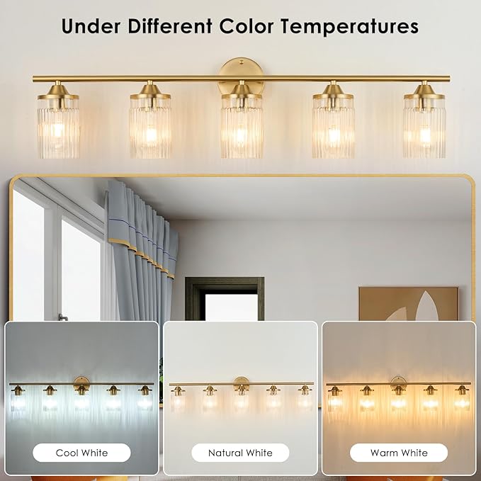 Jonsi Gold Bathroom Light Fixtures 5-Light Vanity Lights Modern Wall Sconce with Clear Glass Shade Brushed Brass Bathroom Light Fixture Over Mirror for Bedroom Hallway Kitchen