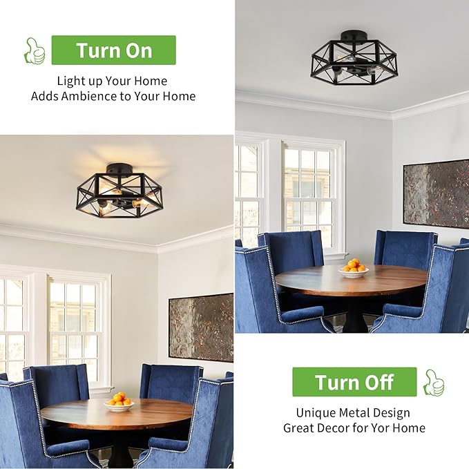 WILON Black Flush Mount Ceiling Light for Kitchen Hallway - 3-Light Industrial Close to Ceiling Lighting Farmhouse Metal Cage Light Fixtures Ceiling Mount for Foyer Kitchen Living Room(E26 Socket)