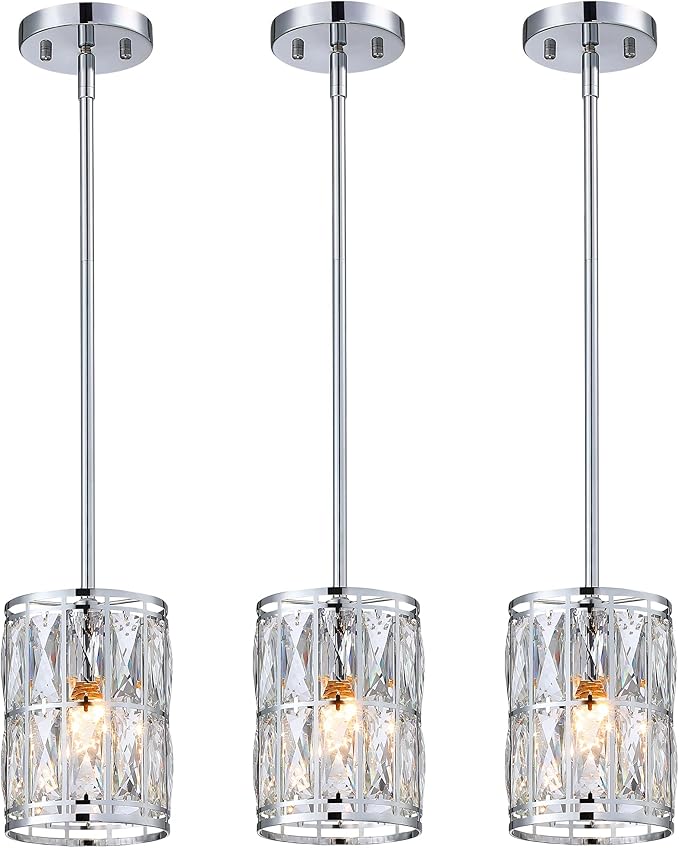 3-Pack Crystal Pendant Light, Modern Chrome Finish Hanging Lighting with Clear Crystal, Adjustable Height Mini Island Light Fixture for Kitchen, Dining Room and Living Room