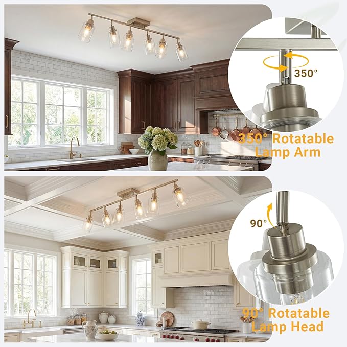 LOUSACE 6-Light Brushed Nickel Track Lighting Fixtures Ceiling Mount Spotlights with Seeded Glass Shade, Modern Bathroom Tracking Vanity Lights for Hallway Kitchen