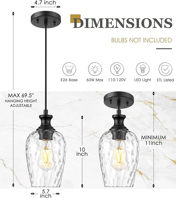 2-Pack Pendant Lights Kitchen Island, Black Hanging Lights Fixtures with Hand-Blown Hammered Clear Glass, Farmhouse Kitchen Island Lighting Over Sink, AD-24027-1P2-BK