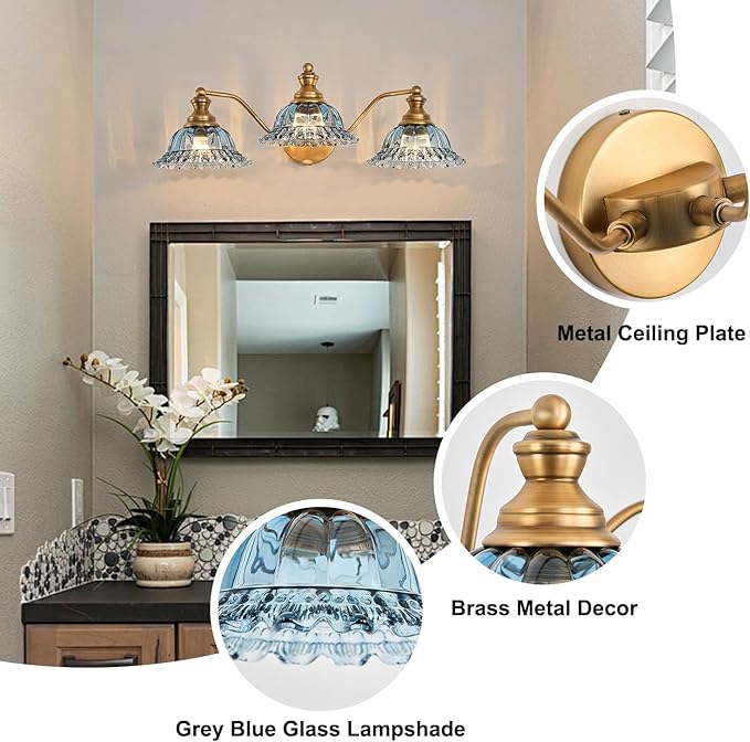 XIEDUN Brass Grey Blue 3 Light Vanity Light