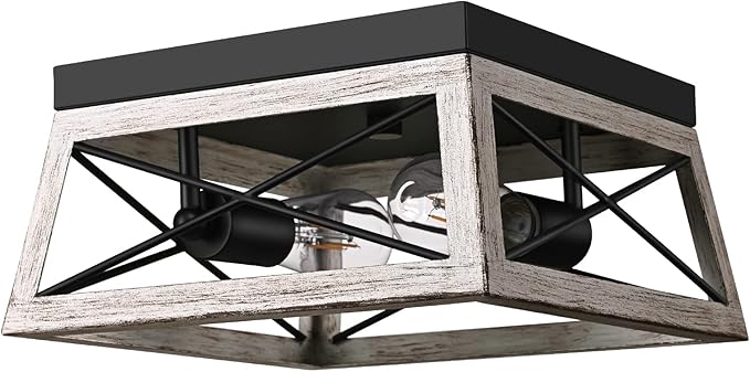 DEWENWILS Farmhouse Flush Mount Ceiling Light, Metal Light Fixture with Wood Grain Finish, 2-Lights Hallway Light Fixture Ceiling Mount for Entryway, Foyer, Dining Room