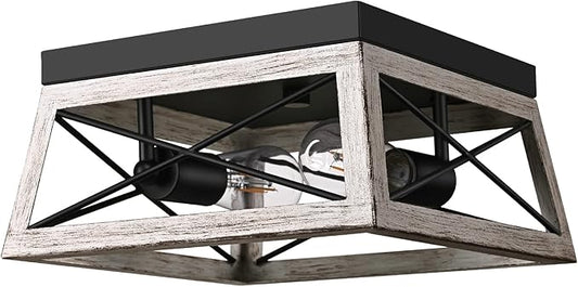 DEWENWILS Farmhouse Flush Mount Ceiling Light, Metal Light Fixture with Wood Grain Finish, 2-Lights Hallway Light Fixture Ceiling Mount for Entryway, Foyer, Dining Room