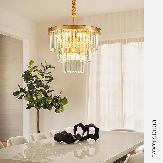 8-Light Gold Crystal Pendant Light, 3-Tier 17.76" Luxury Crystal Pendant Light Perfect for Dining Room, Bedroom, Kitchen, Living Room