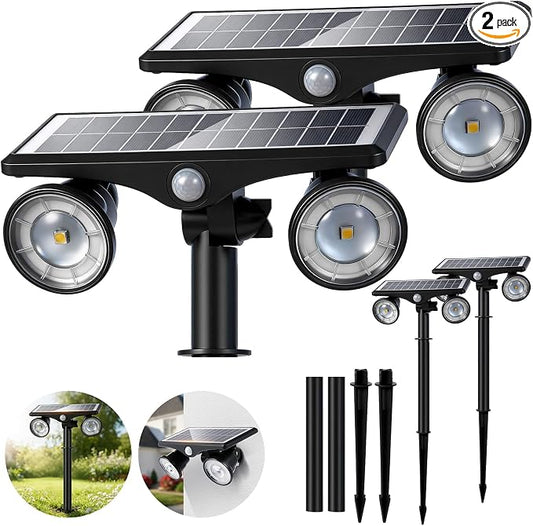 2Pack Solar Lights Outdoor Waterproof, 6000K Ultra Bright，2 Lighting Modes Motion Sensor Outdoor Flood Light,Adjustable Heads and Glass Panel Solar Powered Spotlights for Pathway Garden Yard