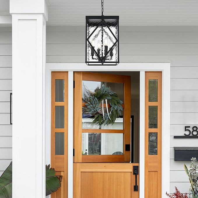 Outdoor Pendant Light with Water Ripple Glass, 4-Light Exterior Hanging Porch Light, Large Lantern Pendant Light, Waterproof Black Outside Chandelier for House Front Door Patio Entrance