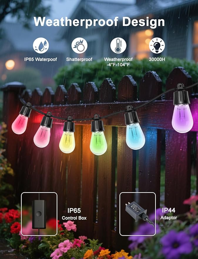 100ft String Lights for Outside, Smart RGB IC Warm White Patio Lights Outdoor Waterproof with Remote & App Control, Compatible with Alexa Great for Porch, Yard, Pergola