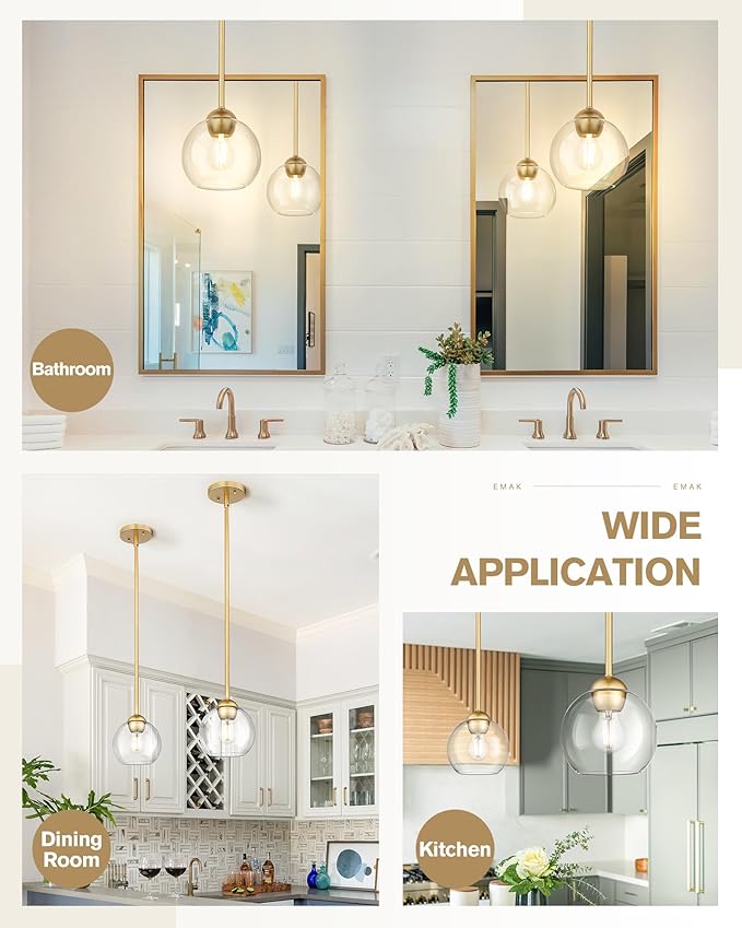 Emak Modern Gold Pendant Light Fixtures, 7 Inch Globe Pendant Lights with Clear Glass, 1 Light Hanging Lights for for Kitchen Island, Bathroom, Dining Room, Bedroom, Hallway, 2 Pack, PL119-GD-2PK
