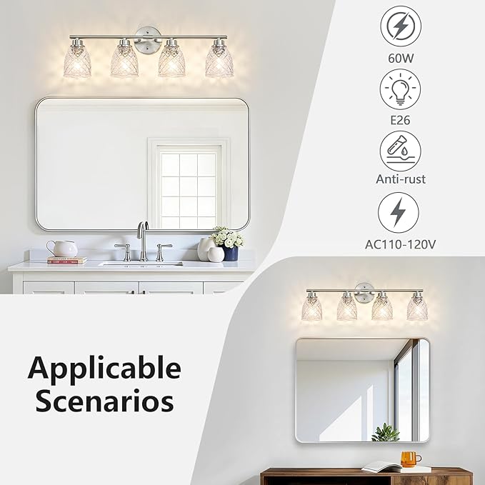 4-Light Bathroom Light Fixtures, Modern Brushed Nickel Vanity Light Over Mirror, Wall Sconce with Clear Hammered Glass Shades, E26 Base (Bulbs Not Included)