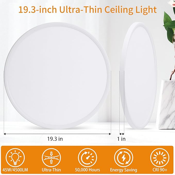 Flush Mount Ceiling Light with Night Light, 19in LED Ceiling Lights with Remote Control, 1800K Nightlights & 3000-6500K Dimmable Lamp Fixture, 45W 4500LM Low Profile for Bedroom, White
