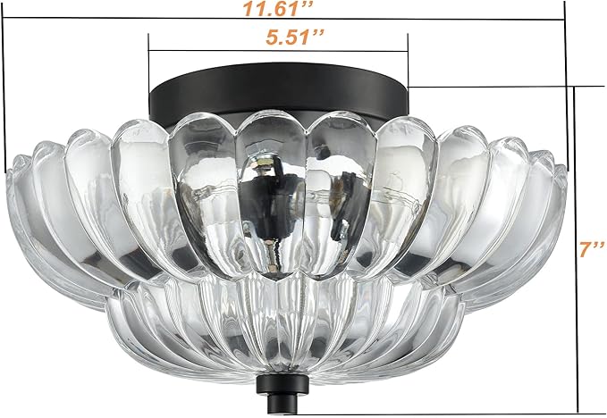 HYDELITE Modern Black Ceiling Light Traditional Semi Flush Mount Ceiling Light with Scalloped Clear Glass for Living Room Hallway Close to Ceiling Light Fixture