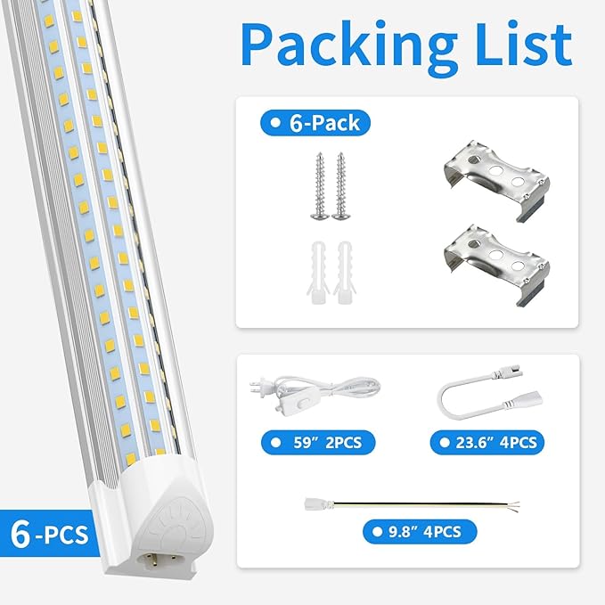 SHOPLED 4FT LED Shop Light, (6 Pack) 48W 6000K D-Shape, 7200LM Super Bright, T8 LED Tube Lights, High Output, Linkable Shop Lights with Plug for Workshop, Garage, Basement, ETL Listed