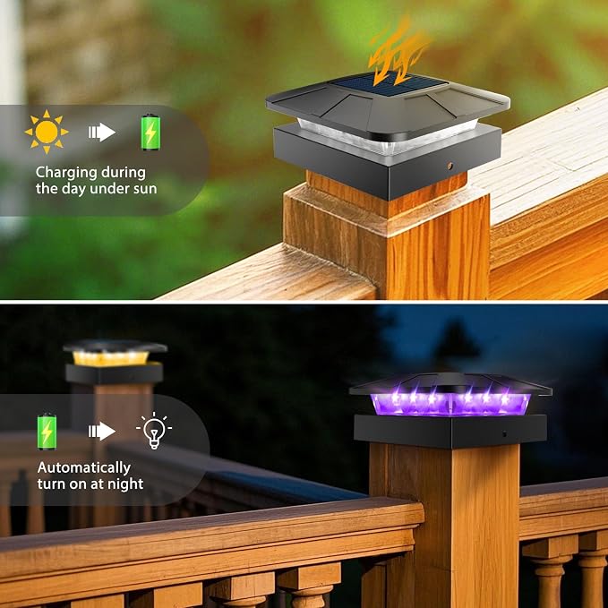 Peasur 4x4 Solar Post Lights Outdoor, 4 Packs Purple & Warm White LED Fence Caps Light Waterproof, Wood & Vinyl Post Top Lighting for Deck Mailbox Railing Porch Outside