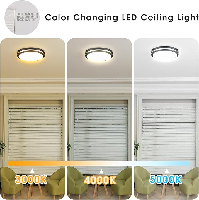 Energetic 14 Inch LED Flush Mount Ceiling Light Fixture, 3000K/4000K/5000K Color Adjustable, Dimmable Ceiling Light for Bedroom, Kitchen, Bathroom, Hallway, Garage, 24W, 1560LM, Black, ETL, 1 Pack