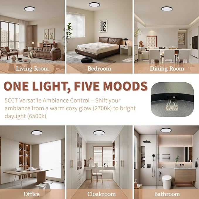 8.66 Inch Flush Mount Ceiling Light, 5CCT Selectable (2700K-6500K), 18W 2160LM Integrated LED, Tool-Free Installation for Kitchen Bedroom Hallway Closet, Black (6-Pack)