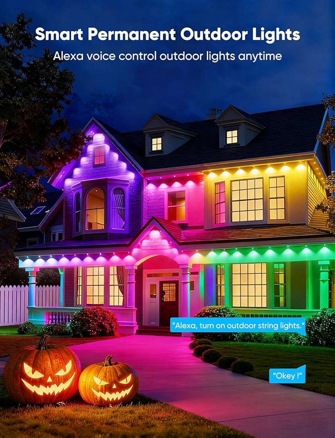 APPECK Permanent Outdoor Lights 400ft with 288 LED Lights, 144W Smart RGBW Eaves Lights,DC 36V, 40LM, IP67 Waterproof String Lights for Christams, Party Decor, Compatible with Alexa, Black