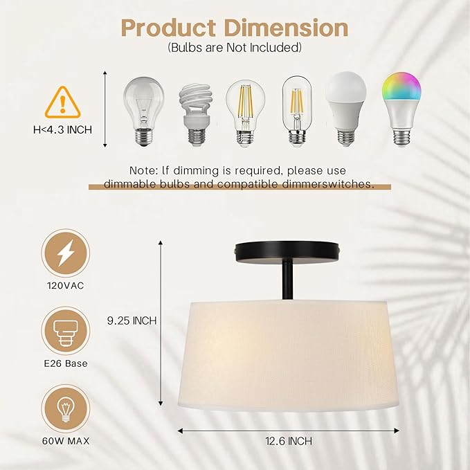 12.6" Semi Flush Mount Ceiling Light Fixtures,3-Light Drum Light,Modern Close to Ceiling Light with White Shade,Light Fixtures Ceiling Mount for Bedroom,Dinning Room,Nursery, Kitchen