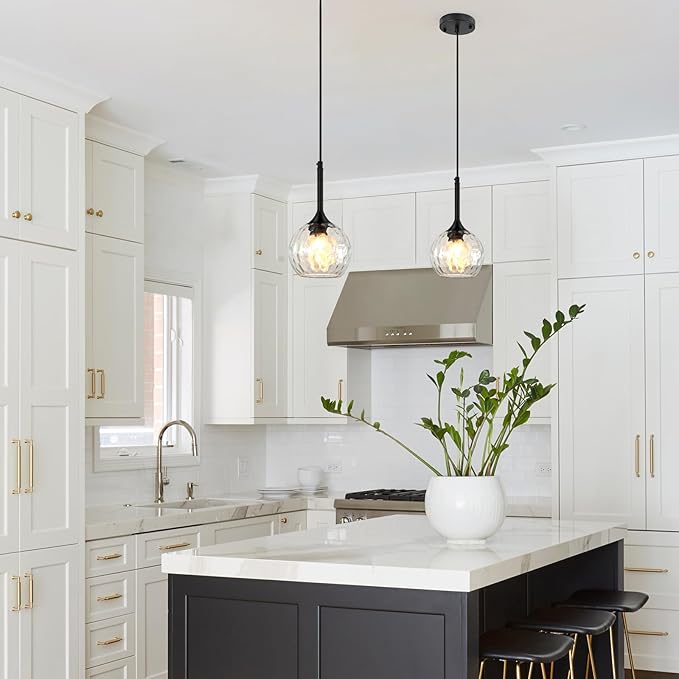 JHLBYL Glass Pendant Lights Kitchen Island: 5.91'' 2-Pack 1-Light Hammered Glass Pendant Light with Black Finish - Modern Minimalist Hanging Light Fixture for Kitchen Sink Dining Room - E26 Base