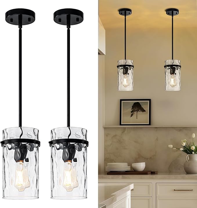 2 Pack 5.5" Black Hammered Hand-Blown Glass Pendant Light Farmhouse Black Pendant Light, Hammered Glass Pendant Light Fixtures Dining Room Light Adjustable Pendant Lighting Over Sink