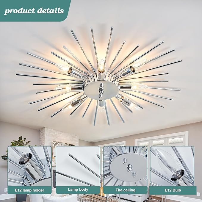 ZGLAOJT Semi Flush Mount 8 Light Ceiling Light Modern Metal Ceiling Lighting Chrome Light Fixture Chandelier for Farmhouse Kitchen Dining Room Bedroom Hallway Living Room