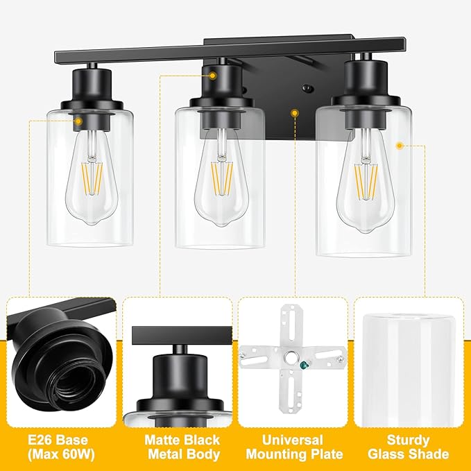3-Light Vanity Light, Matte Black Bathroom Lighting Fixtures Over Mirror, Modern Metal Wall Lights for Hallway Kitchen Bedroom Living Room