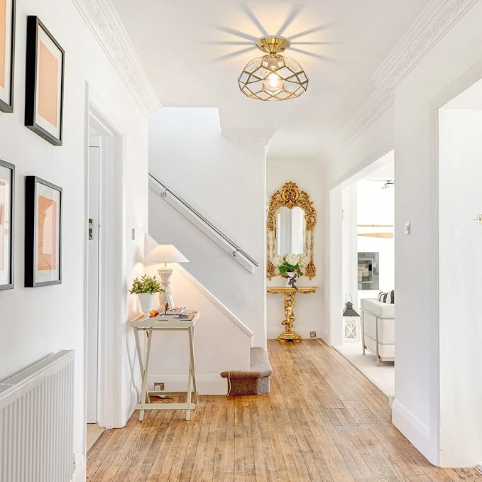 Brass Glass Semi Flush Mount Ceiling Light 1-Light Hallway Ceiling Light Vintage Gold Close to Ceiling Light Fixture for Foyer,Entryway,Kitchen,Bathroom,11.42in