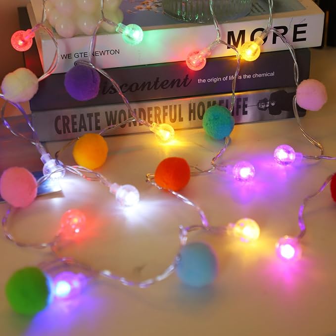 ChiRee 9.85FT String Lights with 20 Cute Pompoms 20 Colorful Bubble Ball LED Indoor String Lights Battery Operated with Timer for Home Bedroom Kids Playhouse Birthday Wedding Party Holiday Christma
