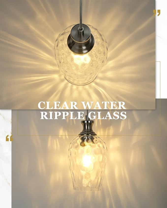 Pendant Lights Kitchen Island, Modern Brushed Nickel Hanging Lights Fixtures with Hand-Blown Hammered Clear Glass, Farmhouse Kitchen Island Lighting Over Sink, AD-24027-1P-SN