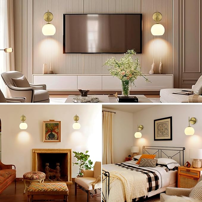 Battery Operated Wall Sconces Set of 2, Rechargeable Wall Lights with Frosted Glass Shade, 12 RGB and 3CCT Dimmable, Wall Lamps with Remote for Bedroom Living Room Hallway, Gold