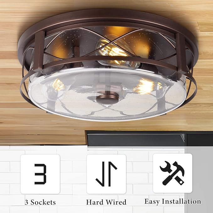 16 Inch Large Flush Mount Ceiling Light with Seeded Glass, 3-Light Bronze Round Ceiling Lamp, Modern Farmhouse Indoor Outdoor Ceiling Lighting for Kitchen Bedroom Living Dining Room