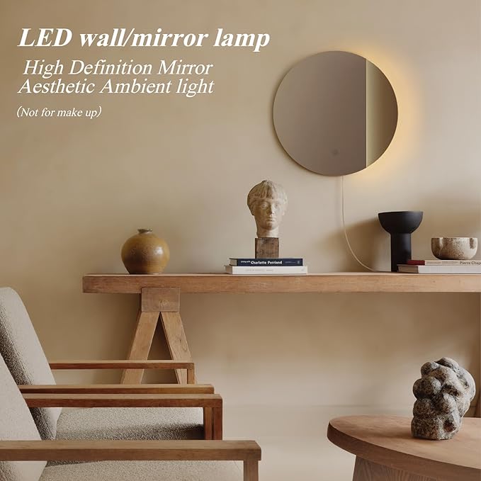 ONEWISH LED Wall Sconce, Dimmable Mirror Wall Lamp,16.93 inch Round Wall Lights for Bedroom with Memory Function, Wall Lamps for Living Room Entryway, Smoky Gray