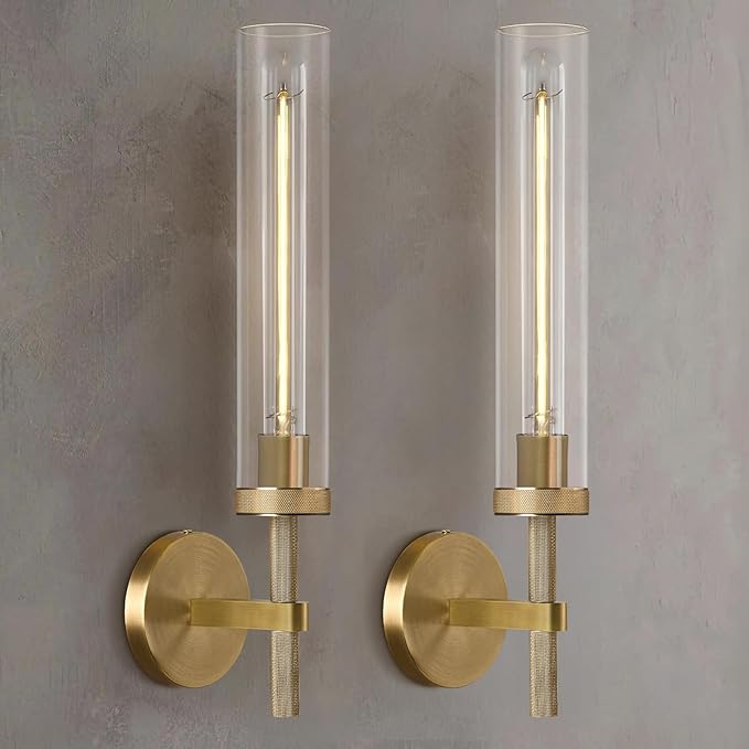 Modern Brass Hardwired Wall Sconces 2 Pack, 20'' Knurled Bathroom Wall Sconce, Indoor Wall Sconce,Copper and Tube Glass Vanity Light, for Living, Bedroom, Hallway, Staircases, Include Bulbs