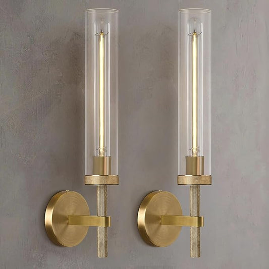 Modern Brass Hardwired Wall Sconces 2 Pack, 20'' Knurled Bathroom Wall Sconce, Indoor Wall Sconce,Copper and Tube Glass Vanity Light, for Living, Bedroom, Hallway, Staircases, Include Bulbs