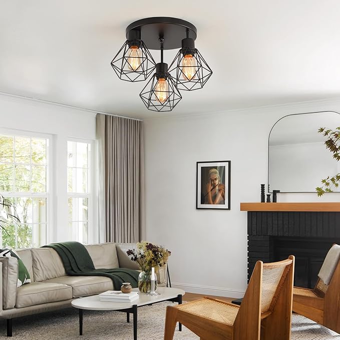 3 Lights Industrial Ceiling Light Fixtures,Iron Cage Ceiling Lamp Pendant Lighting,3-Light Close to Ceiling Light Fixtures, Modern Chandelier for Bedroom Entryway Kitchen Hallway