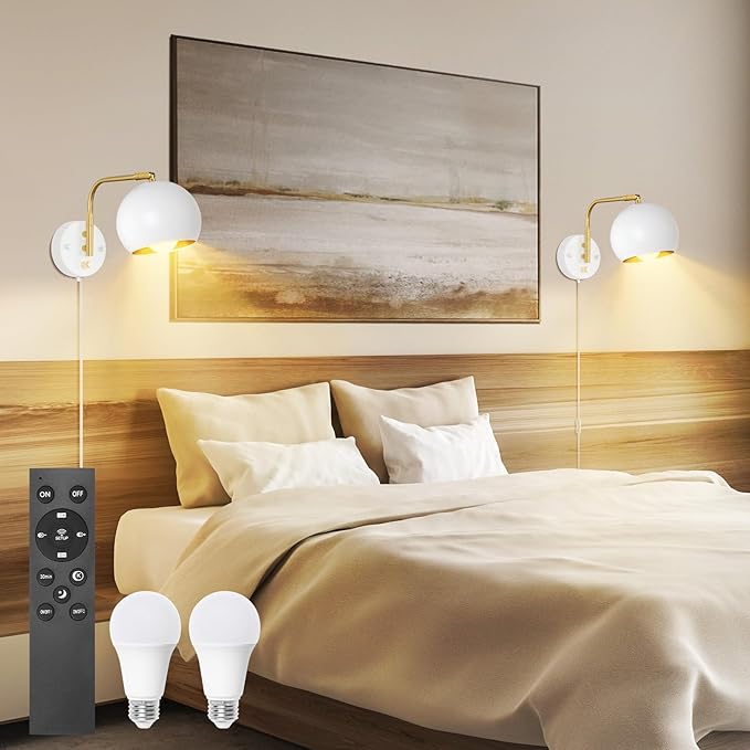 VATONI Wall Sconce with Remote Control, Plug in Wall Sconces Dimming 0-100% and Adjustable Color Temperature 2700K-6000K, Brushed Brass White Globe Swing Arm Wall Lights with Plug in Cord(2 Bulbs)