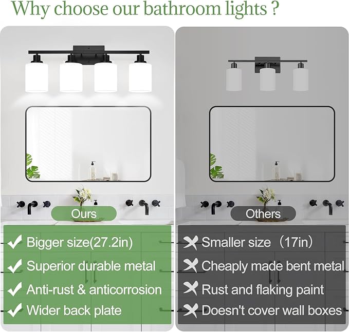 MOKATNG 4-Light Bathroom Light Fixtures, Vanity Light with Milky White Shades, Matte Black Bathroom Light Fixtures Over Mirror, Modern Bathroom Wall Lamp for Mirror Living Room Cabinet Bedroom